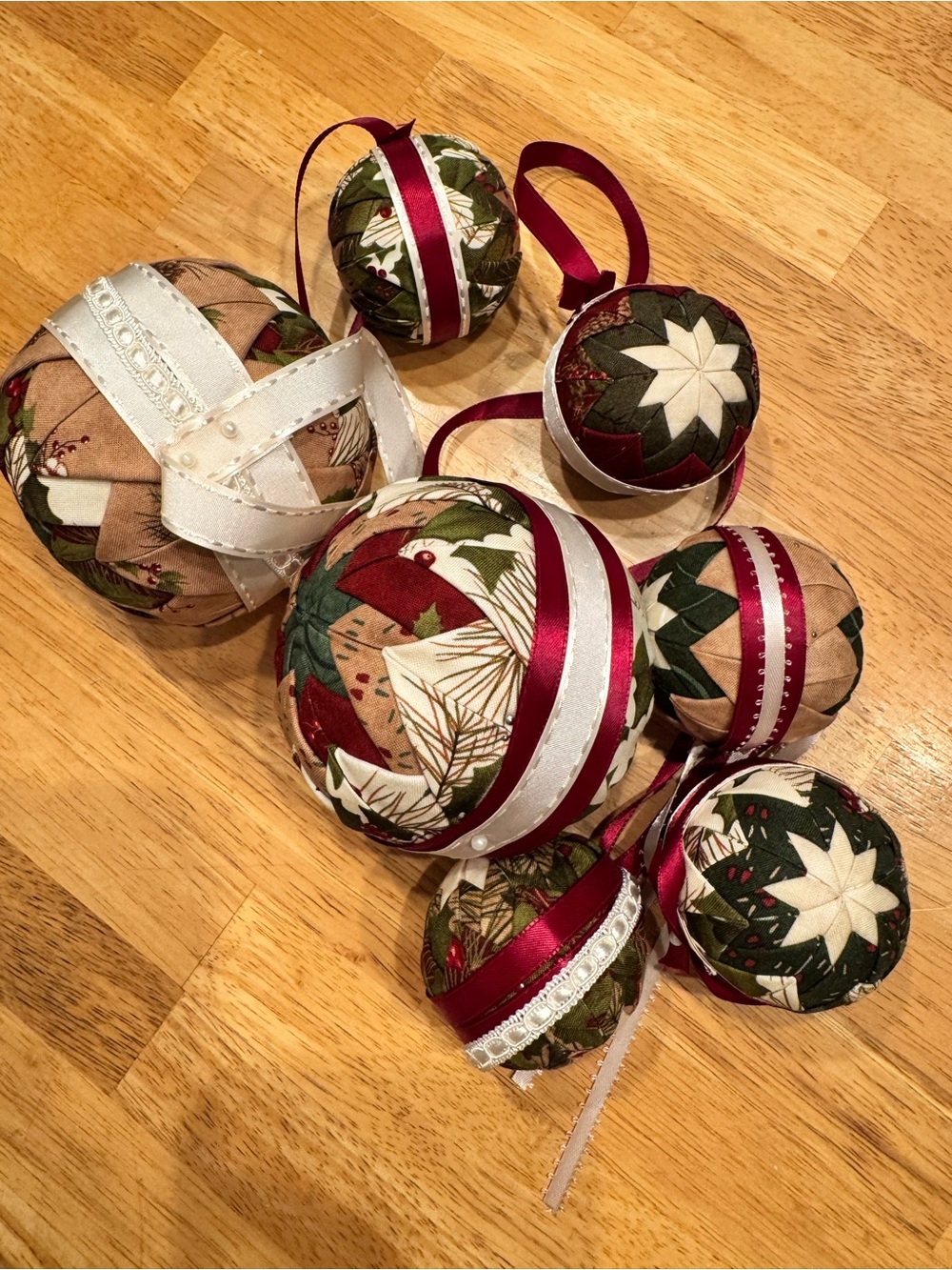 Handmade Holiday Fabric Ornaments in Burgundy, Green & Cream